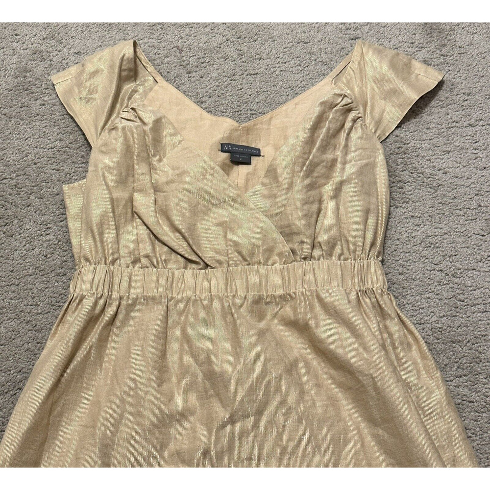 AX Armani Exchange Women 2 Dress Cotton Lurex Sleeveless V- Neck Gold Metallic - Picture 3 of 9